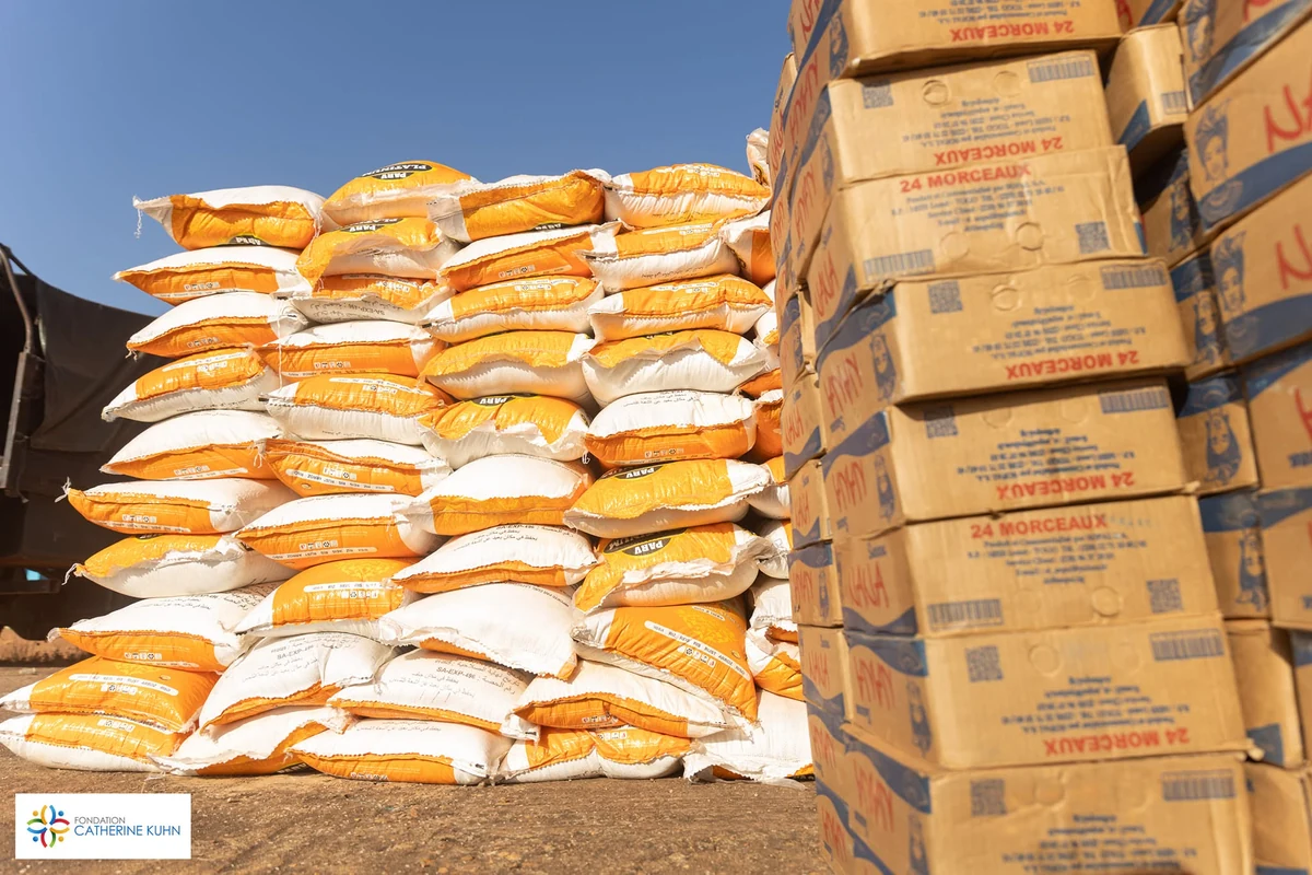 Bags of rice and boxes of supplies brought together by the Foundation